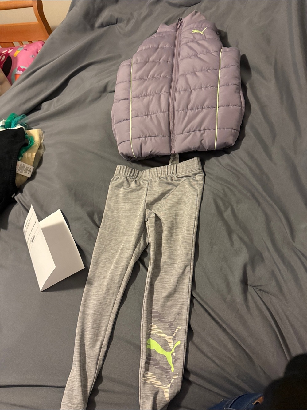 Puma Girls' Gray Leggings with Neon Lime Puma Logo